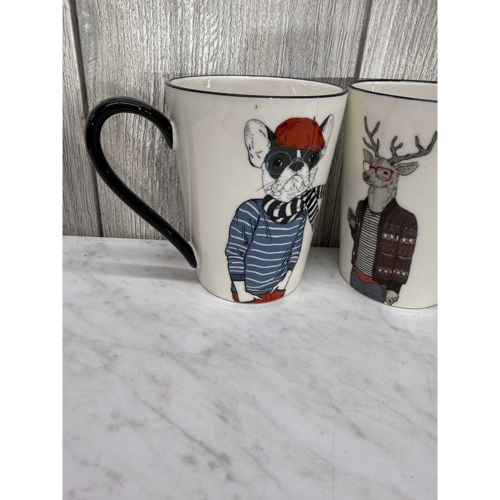 Hipster Animal Coffee Mug Set of 4 French Bulldog Deer Mouse Bear Ceramic 12oz - Picture 2 of 8